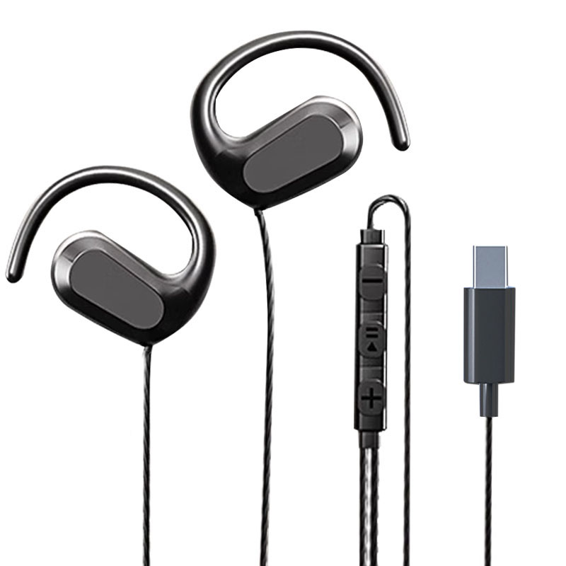 Auriculares con cable de oreja abierta, auriculares de conducción de aire tipo C de 3,5mm, no intrauditivos, deportivos, con micrófono para correr y aprender: Negro