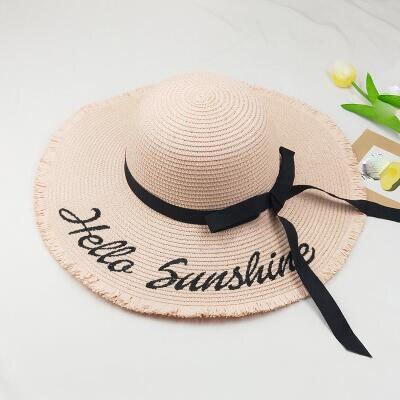 summer Hello Sunshine Sequin letter wide brim sun hats for women Beach vacation girls straw hat: pink