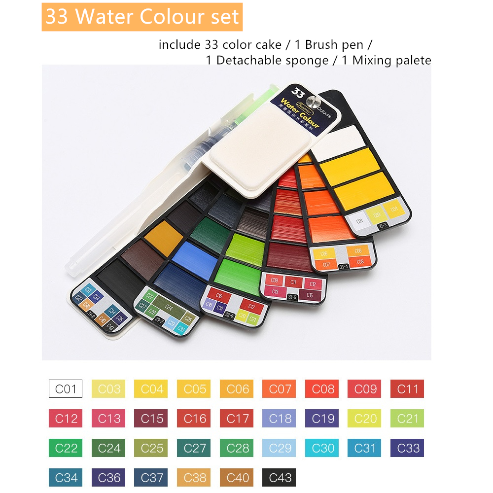 XIUP-Kit de pintura de acuarela sólida portátil en forma de abanico, paleta de pinturas superiores con pincel, suministro de Arte Artístico , H6151: 33 main color set