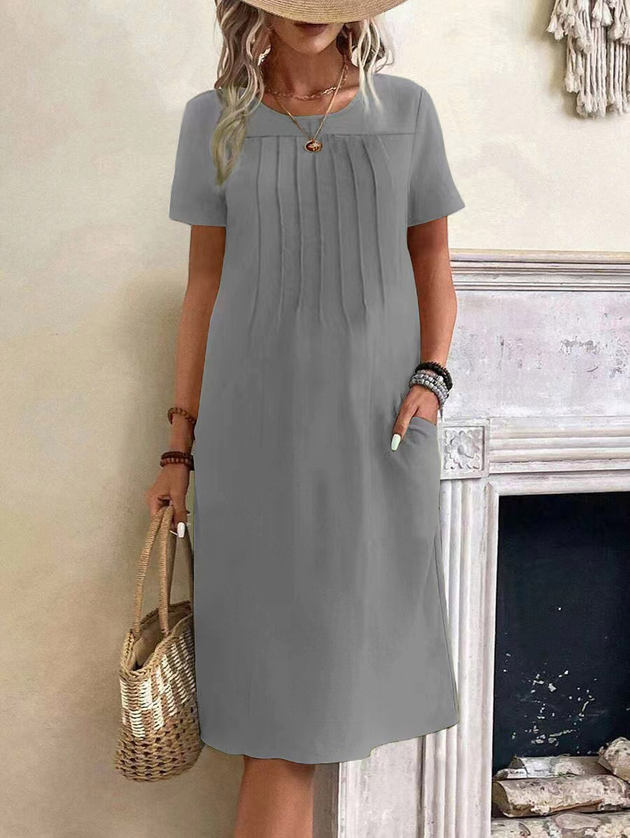 Women Short Sleeved Urban Casual Beach Dress Camisole Style Loose Waist Vacation Solid Office Lady Basic Short Dresses: L / GRAY