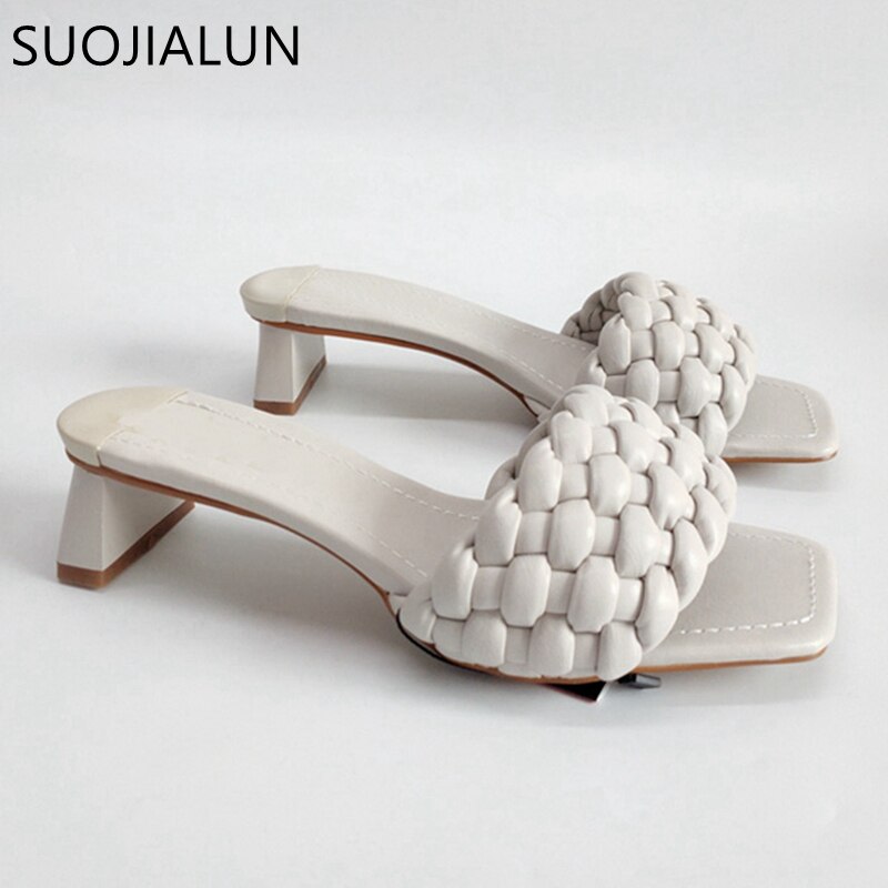 Suojialun merk dames zomer slippers geweven open teen pantoffel vierkante lage hak vrouwelijke strand slippers