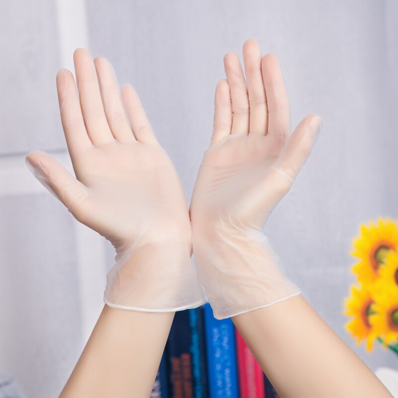 100PCS/SET Disposable Hand Gloves Waterproof Food Repast Surgery Rubber kitchen Beauty Salon Dedicated Work Gloves PVC Thicken: Transparent M