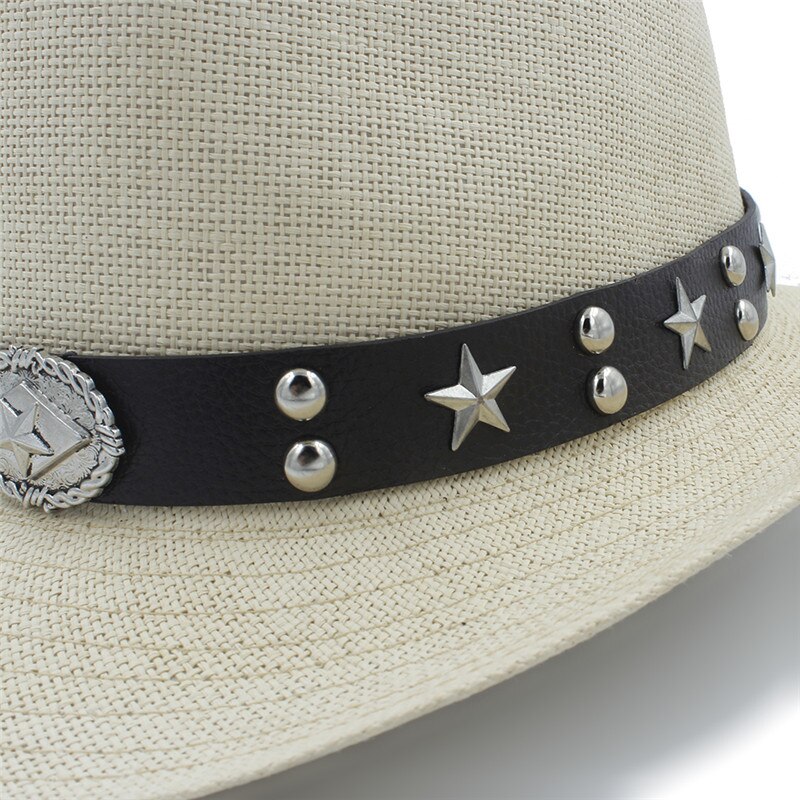 Naiset miehet olki western cowboy hattu kesäksi cowboy cowgirl aurinkohattu sombrero caps punk vyö hyvä pakkauskoko 58cm