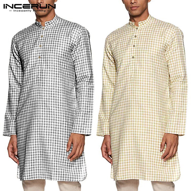 Herr rutig skjorta indiska kläder vintage långärmad ställning krage casual muslim streetwear herr långa skjortor kurta toppar plus size
