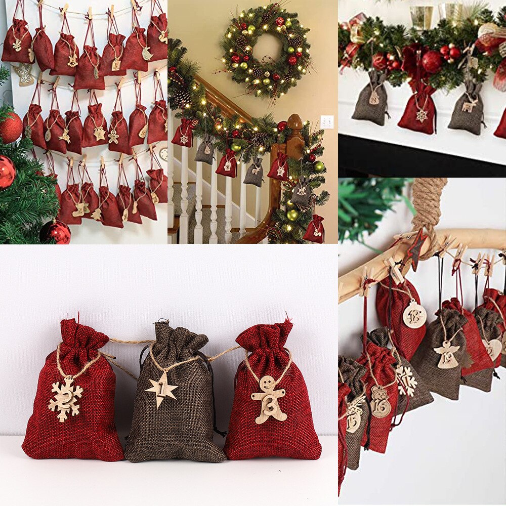 Julekalenderpose med trænummer ornament 24 dage adventskalender jutepose slik opbevaringsposer år