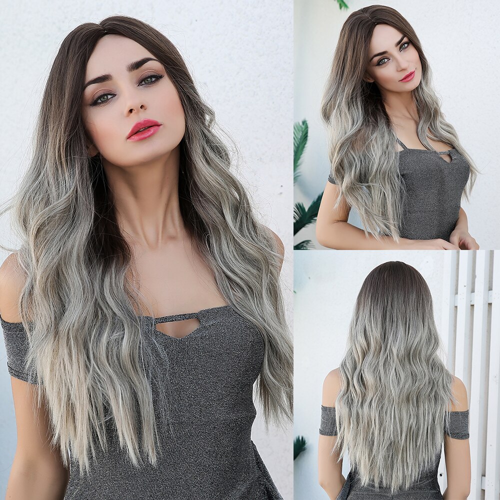 JONRENAU Synthetic Dark Brown Long Wavy Hair Wigs with Side Bangs Heat Resistant Fiber Wigs for White Black Women: lc179-6