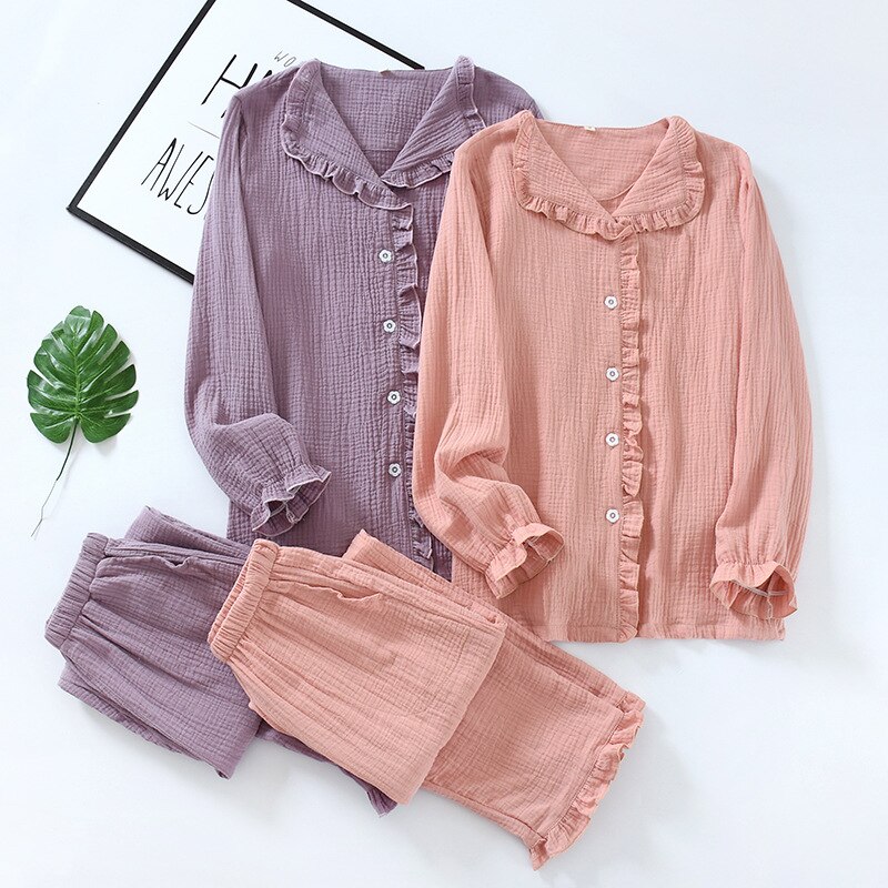 Spring Pajamas Women Long Sleeve Cotton Sleepwear Princess Style Sweet Pure Color Thin Loungewear 2 Piece Nightwear Home Suit