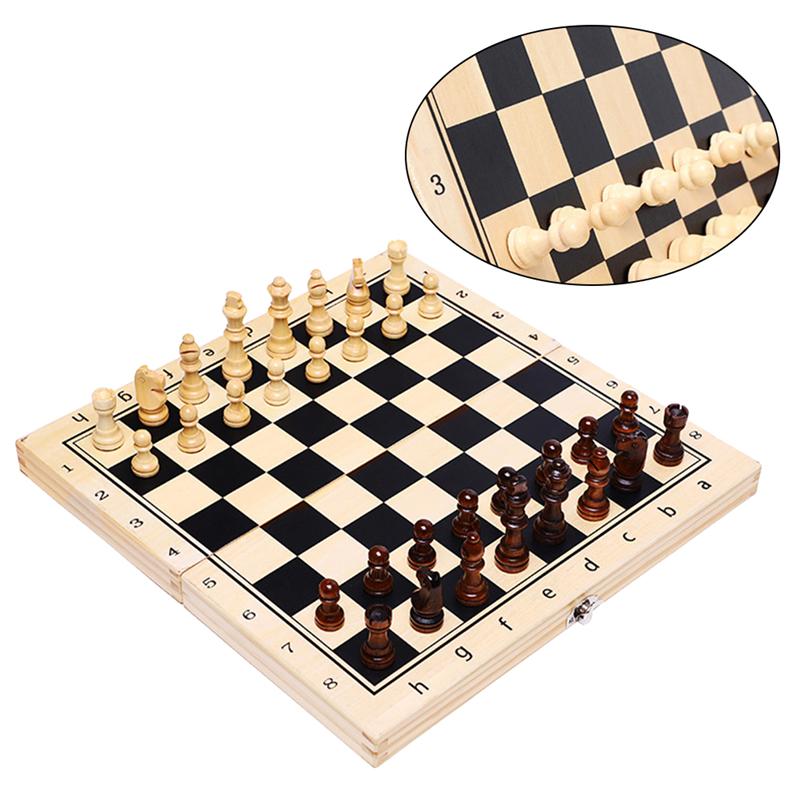 1 Set Foldable Chess Checkers Set Wooden Case Travel Chess Board Portable Classic Educational Toys for Home Kids Adults