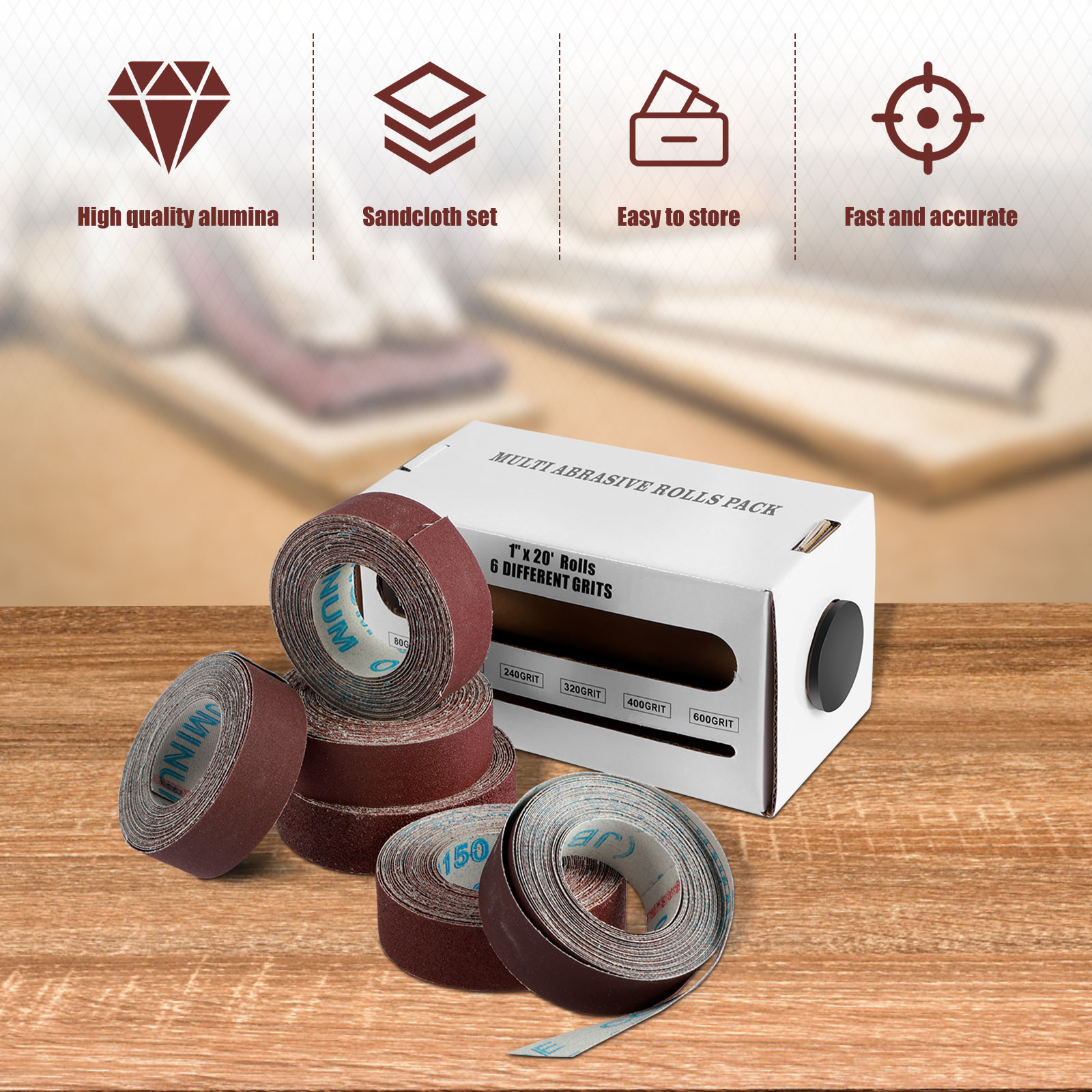 5/6 ruller lange slipepapirruller i eske med aluminiumoksid slipebånd, trekkbart slipepapir, 80/150/240/320/400/600 korn