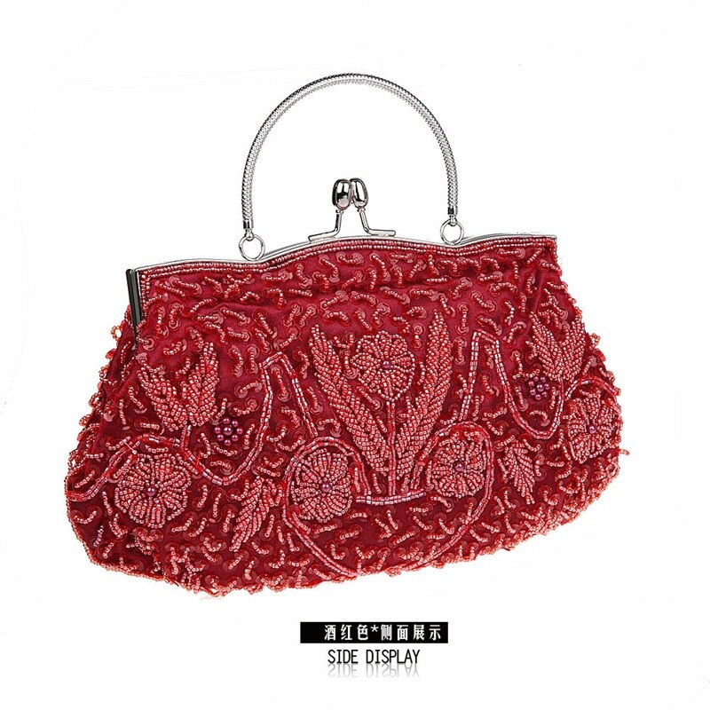 Bolso de noche Retro con cuentas de costura a mano con forma clásica, bolso de mano de mujer: Win Red