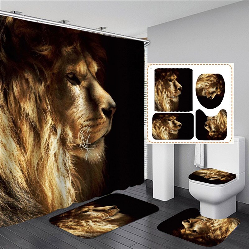 Ensemble de rideau de douche avec tapis, motif animaux, tigre, Lion, imperméable, écran de bain, antidérapant, couvercle de toilette, décor de salle de bain