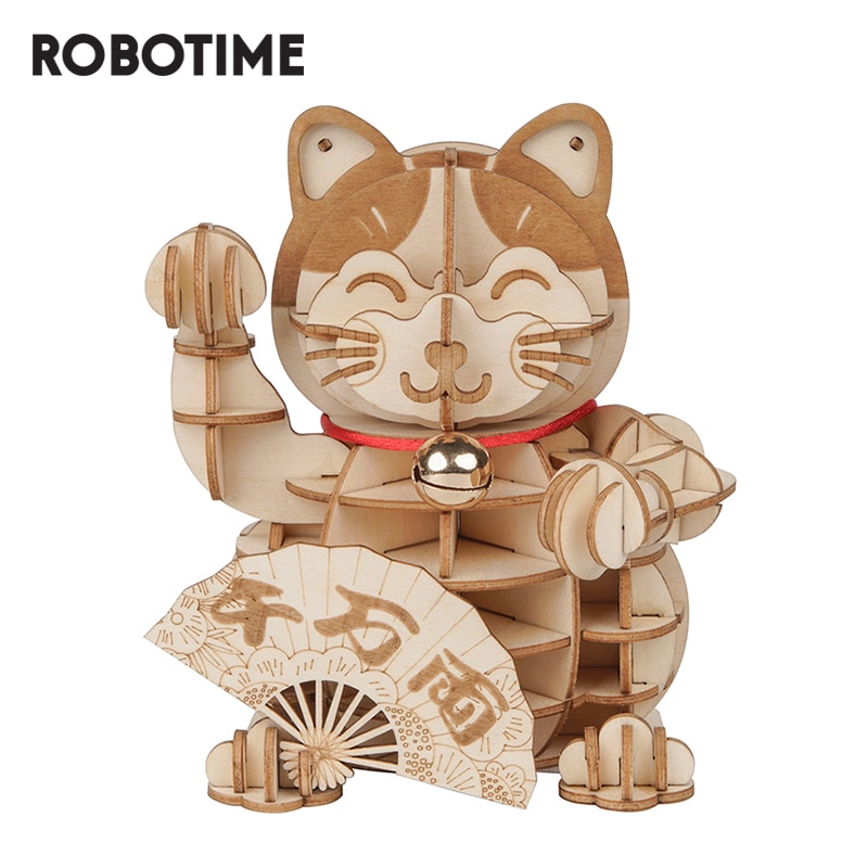 Robotime Lucky Cat Model 3D Houten Puzzel Gamestoys Voor Kinderen Kinderen Meisjes