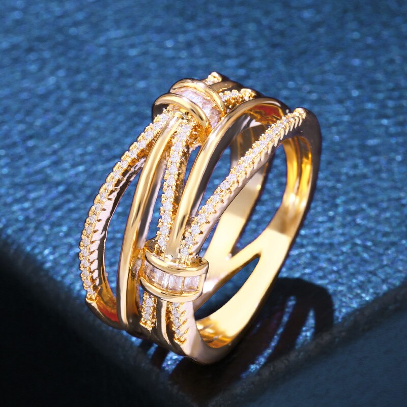 Flola Eenvoudige Strik Vrouwelijke Sieraden Ring Multi Lijnen Ring Met Cz Stone Party Koreaanse Sieraden Vrouwen Anillo Rigf85: 9 / Gold