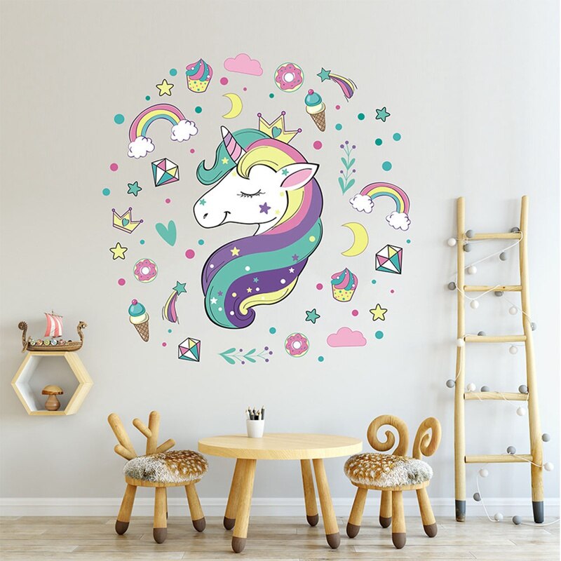 Eenhoorn Cartoon Muurstickers Verwijderbare Meisjes Kids Kinderkamer Decor Voor Thuis Decoraties
