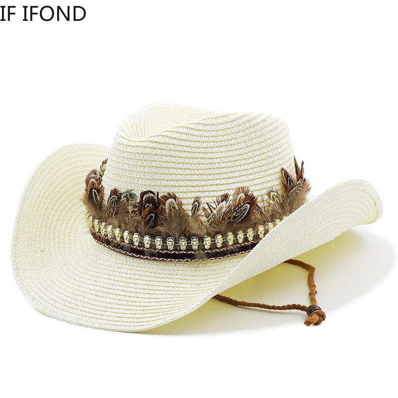 Hand Made Straw Western Cowboy Hat For Women Men Summer Curling Brim Beach Sun Hats Panama Cowgirl Jazz Cap