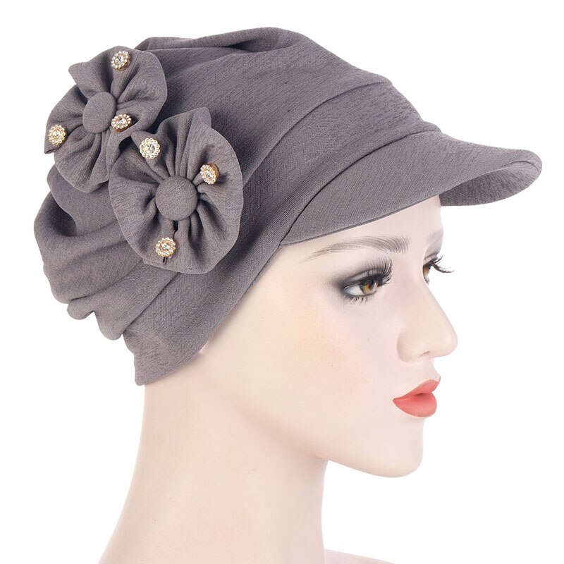 Muslim Turban Hijab Cap Women Turban Hat With Brim Flowers Head Wraps Solid Sun Protection Hats Lady Head Wear Turban: Dark Grey