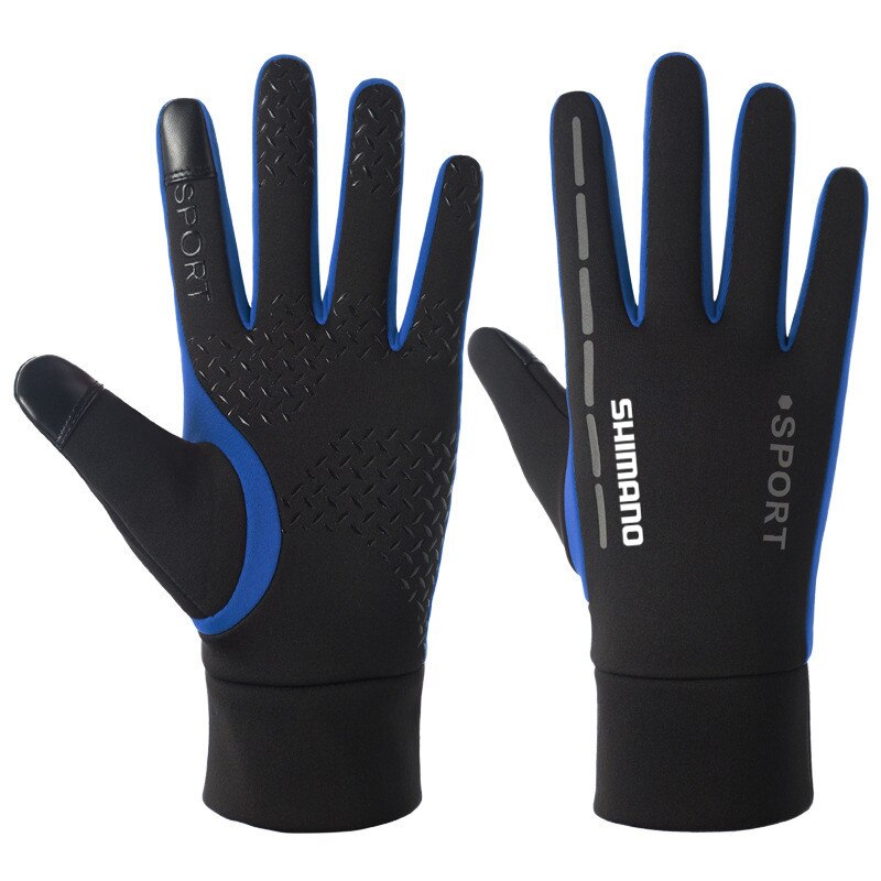 Shimano Full Finger Winter Cycling Gloves Waterproof for Fishing Windproof Anti-Slip Thicken Gloves Warm Durable Ski Gloves: Blue