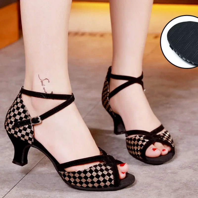 Sapatos de dança femininos de salto alto para dança de salsa de tango latino com sola macia