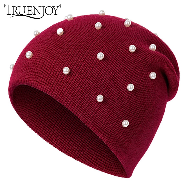 TRUENJOY-gorros de perlas para Otoño e Invierno para mujer, sombrero de punto con solidos y solidos, para sombreros invierno Mujer