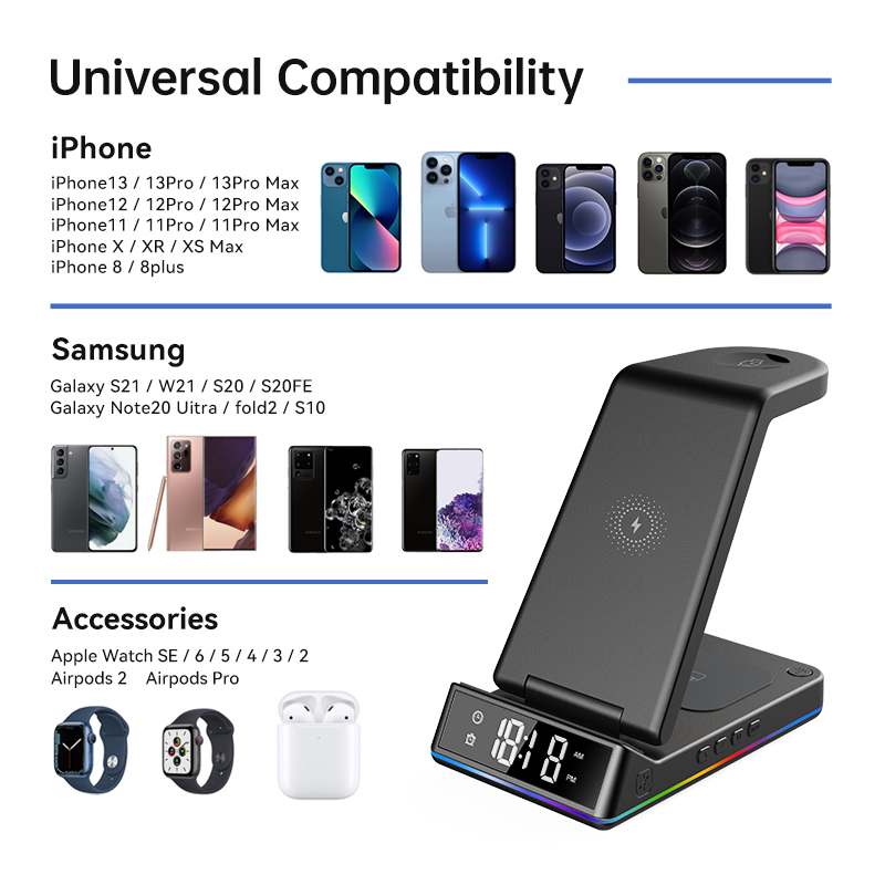 5 in 1 30w hopfällbar trådlös laddningsstation rgb-docka led-klocka snabbladdningsstation för iphone samsung galaxy watch 5/4 s22 s21