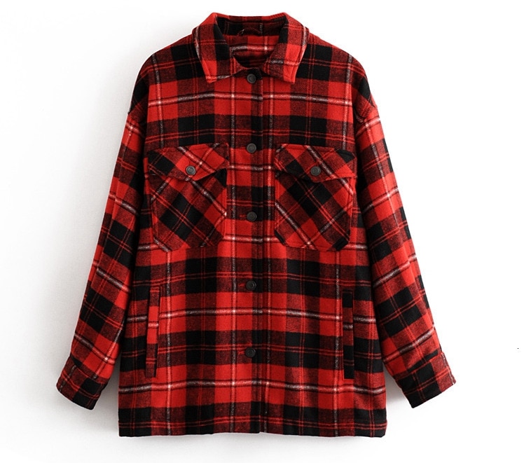 Toppies efterår vinter plaid oversize jakker løs kausal ternet streetwear frakke: Rød / S