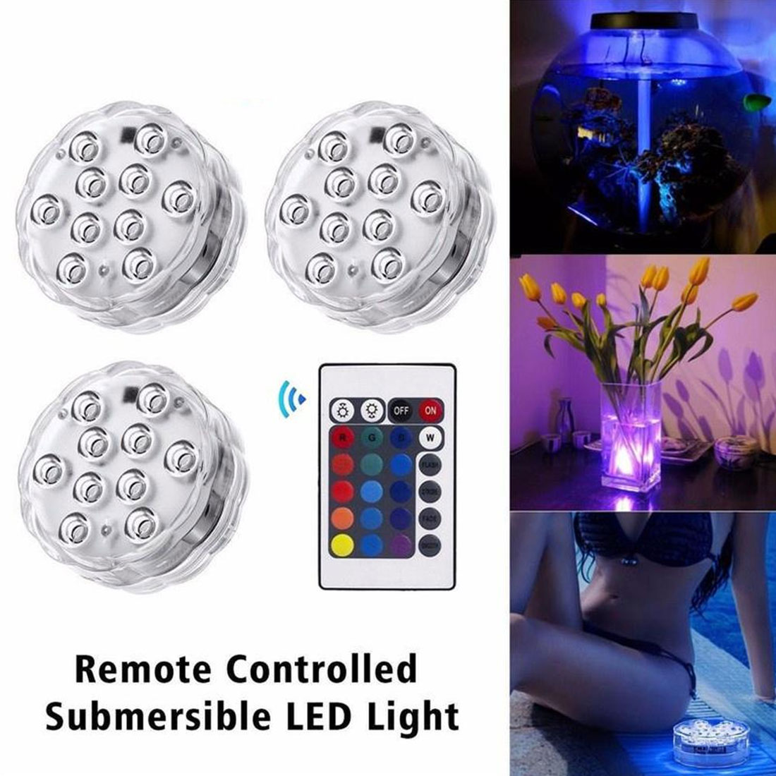 RGB13 Lights LED Waterproof Submersible Underwater Remote Control Night Lamp Tea Light Vase Bowl Party Pool Multi Color