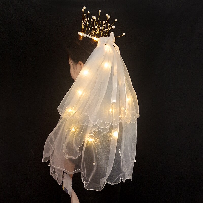 LED Flower Tulle Veil Headband Light Wreath Crown Women Girl Glow Party First Communion Wedding Luminous Festival Costume