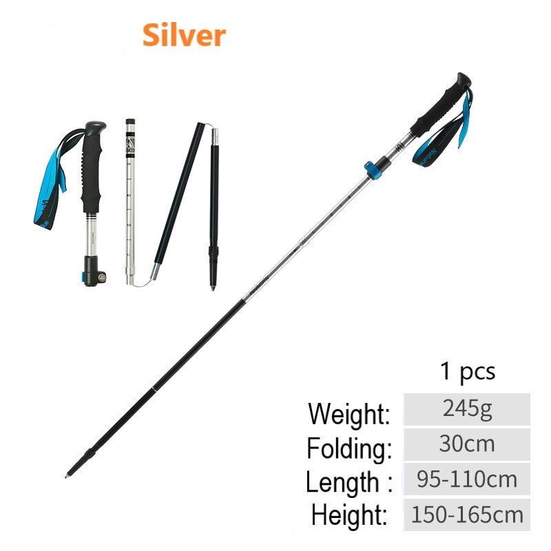 Outdoor Ultra-Light Trekking Hiking Pole Folding Trekking Pole Running Walking Sticks 7075 Aluminum Alloy Pole: 1 pcs sliver