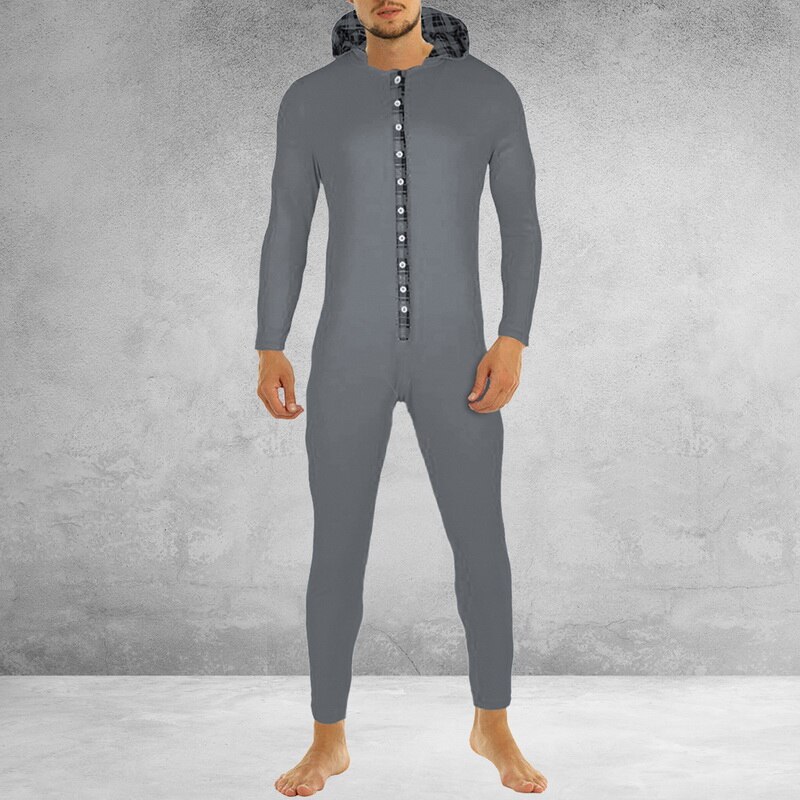 Sexy Mannen Bodycon Romper Jumpsuit Nachtkleding Homewear Lange Mouw Konijnenoren Hooded Button Kraag Lange Broek Open Hip pyjama: Donkergrijs / L