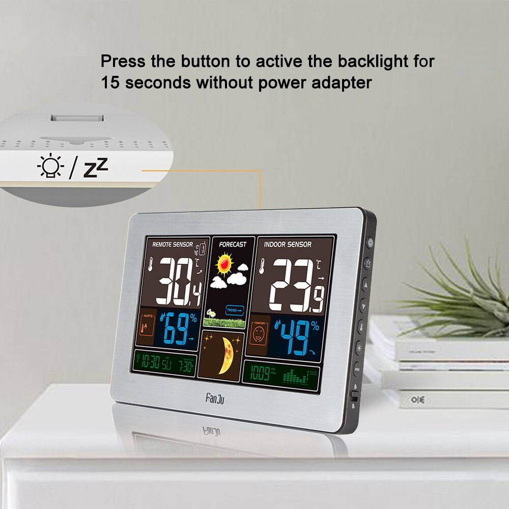 FanJu Weather Station Digital Wall Alarm Clock Table Desk Clocks Thermometer Hygrometer Barometer Wireless Outdoor Sensor FJ3378