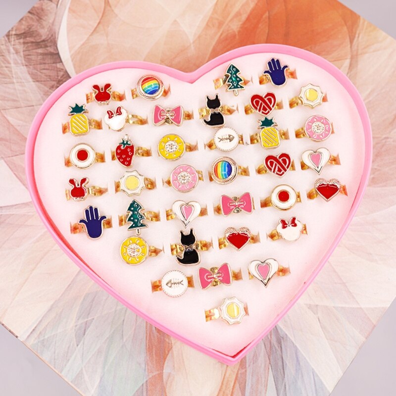 NEWEST 36pcs Children Kids Little Girl , Jewelry Adjustable Rings in Box, Girl Pretend Play and Dress up Rings