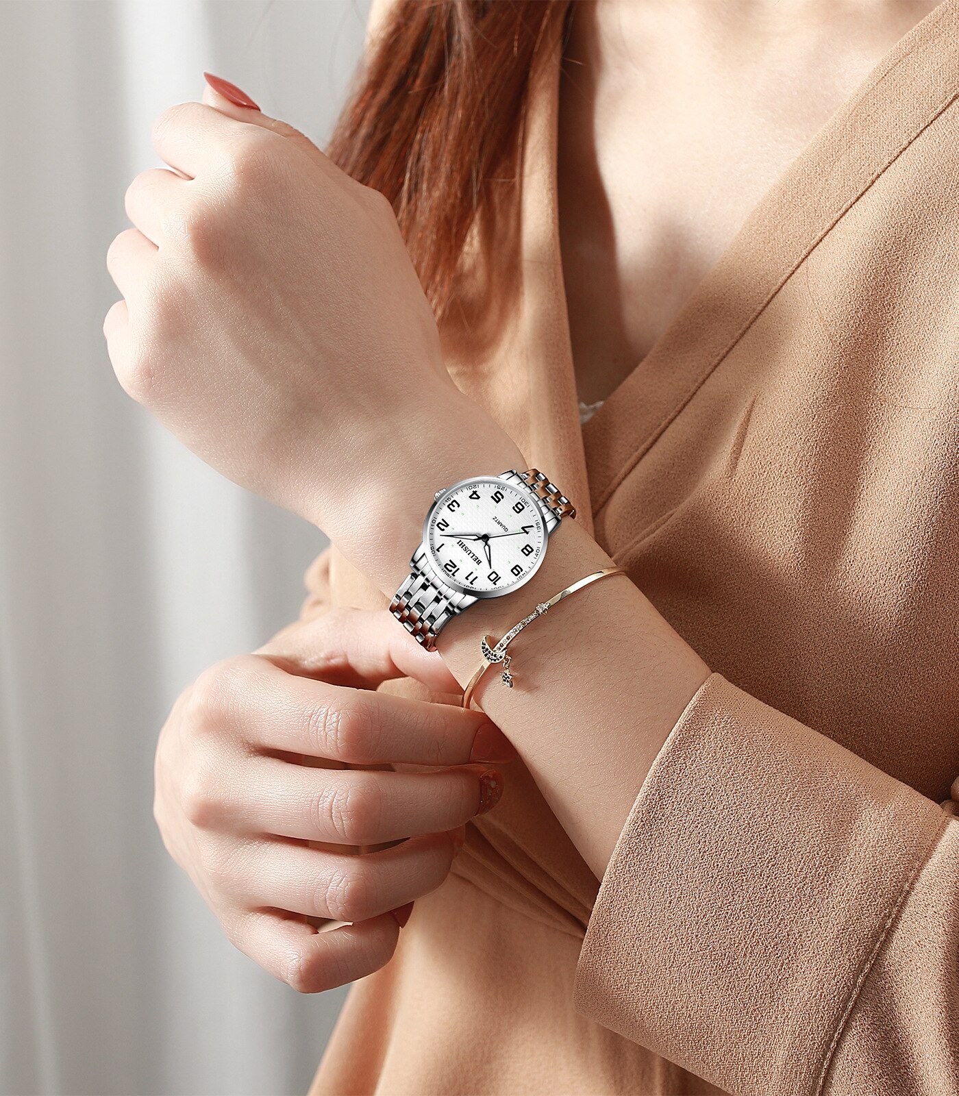 Grote wijzerplaat paar horloge nummer datum gemakkelijk te zien oudere mensen volledig roestvrij staal quartz klok dames heren horloges lichtgevend  a3564