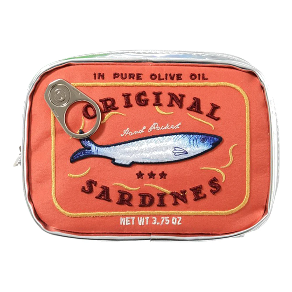 Bolsa de cosméticos bonita con forma de latas de sardinas, paquetes divertidos, bolsa de aseo portátil creativa, bolsas de maquillaje pequeñas y suaves con cremallera a la: Azul