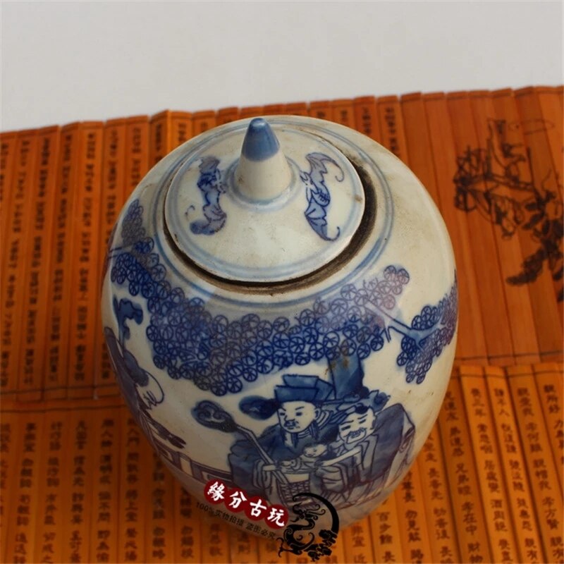 Pintura de porcelana China antigua, maceta azul y blanca