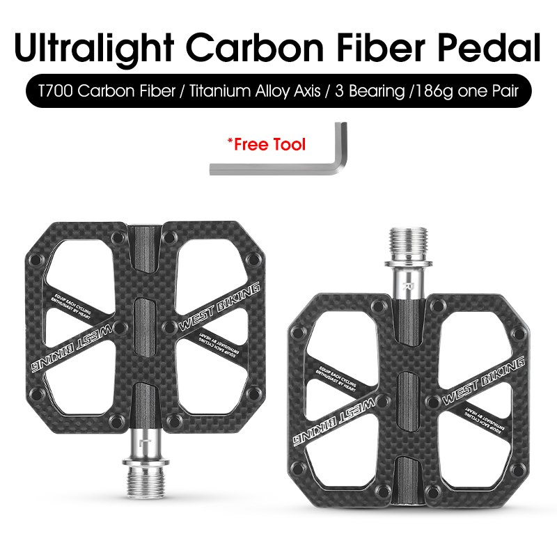 WEST BIKING Ultralight 3-lager fietspedaal T700 koolstofvezel MTB racefiets pedalen antislip plat pedaal fietsaccessoires