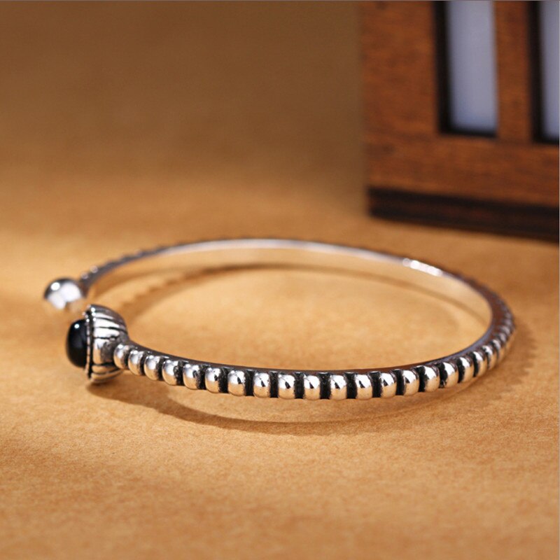 Retro 925 Sterling Silver Jewelry Bracelets Personality Round Black Gem Twist Wild Exquisite Bangles