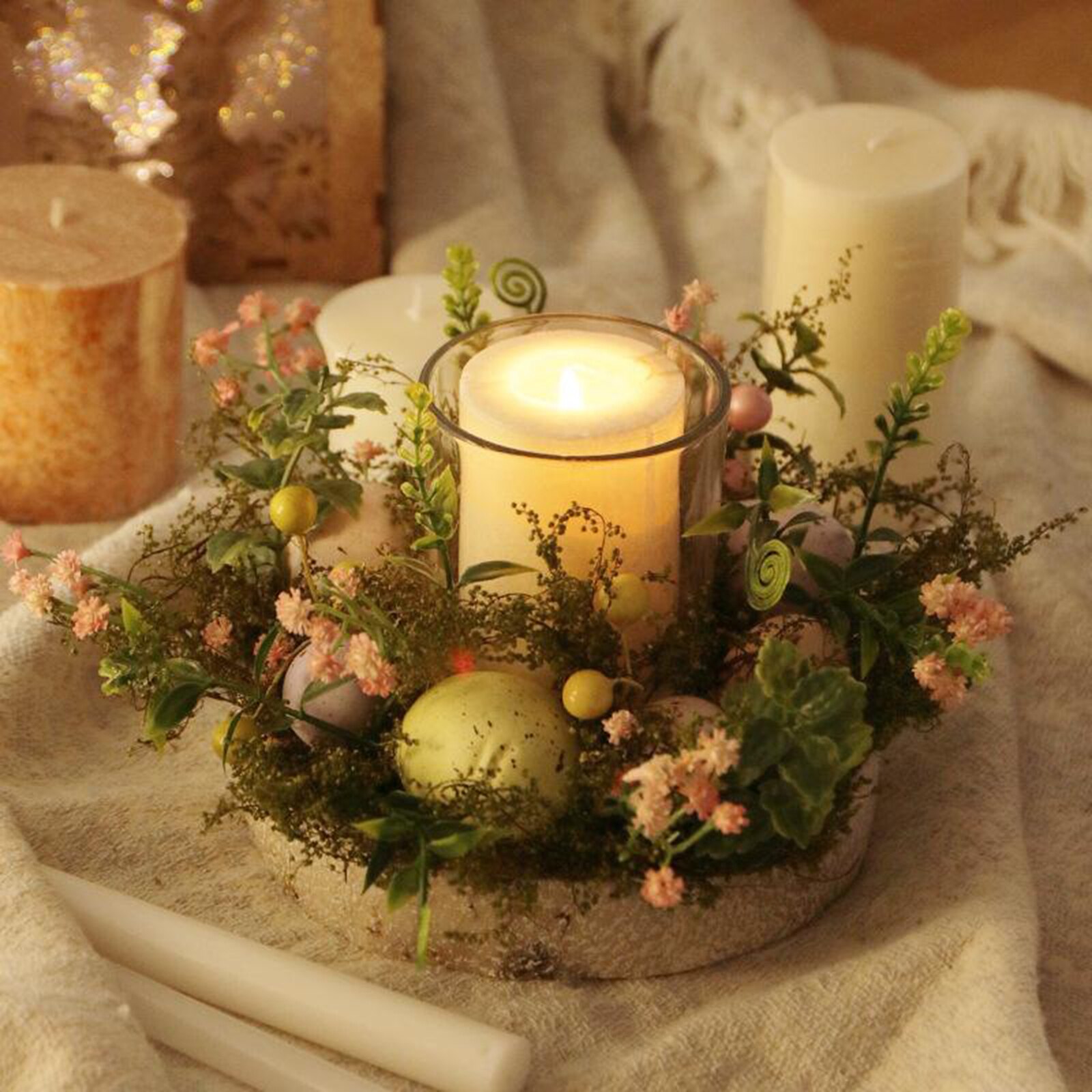 Easter Candle Holder Rings with Decorative Floral Eggs, Decorative Glass Tealight Candle Holder Candle Rings Wreaths Centrepiece