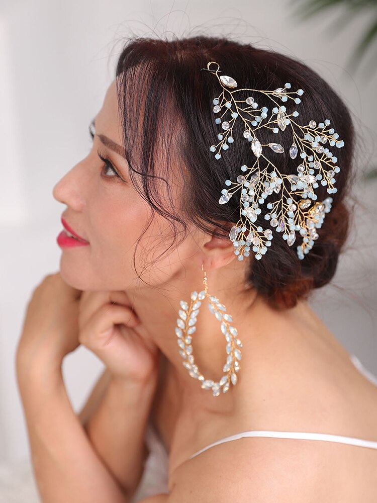 Ensemble de bijoux de mariage dorés Vintage, bandeaux et boucles d'oreilles, accessoires pour cheveux en cristal faits à la main, accessoires pour cheveux diadème de mariée