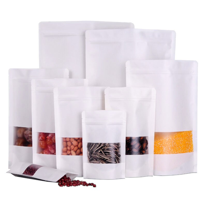 50pcs White Kraft Paper Bag With Window Frosted Zip Lock Food Snack Tea Candy Oil Water Proof Bag Packing Paper Bag