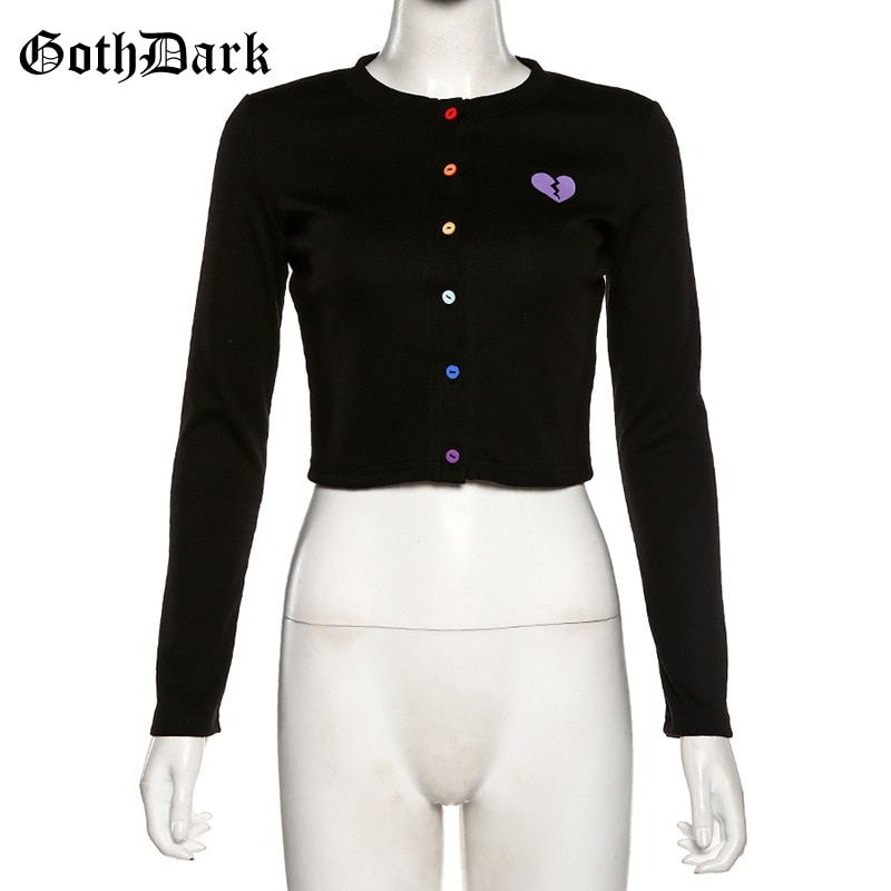 Goth Dark Long Sleeve Gothic T-shirts Women Harajuku Punk Grunge Autumn Winter Cropped Female T-shirt Button