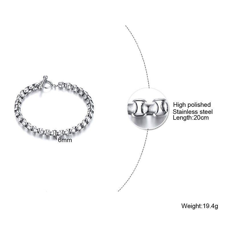 4 à 6MM boîte ronde chaîne BRACELET 6.3 à 8.26 pouces d'épaisseur en acier inoxydable boîte lien chaînes pour hommes femme bijoux: 6MM 20CM