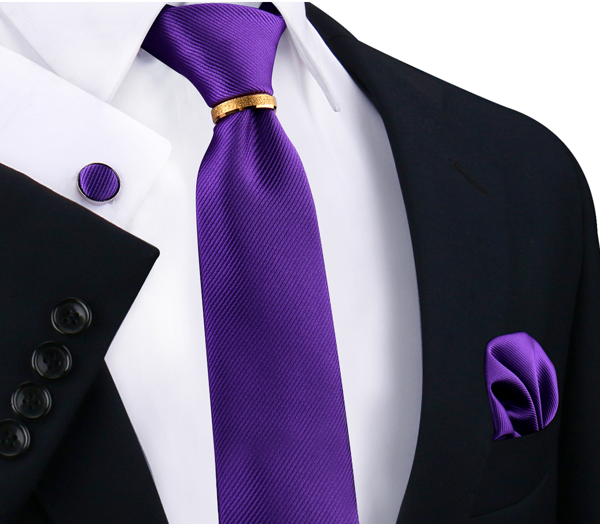 Conjunto de gravatas de seda sólida de luxo para homens gravata lenço abotoaduras com anel de metal dourado broche terno festa de casamento acessórios masculinos