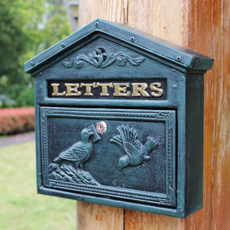 Vintage Retro Cast Iron Locking Wall Mount Mailbox Lockable Postal Letter Box: Dark Green