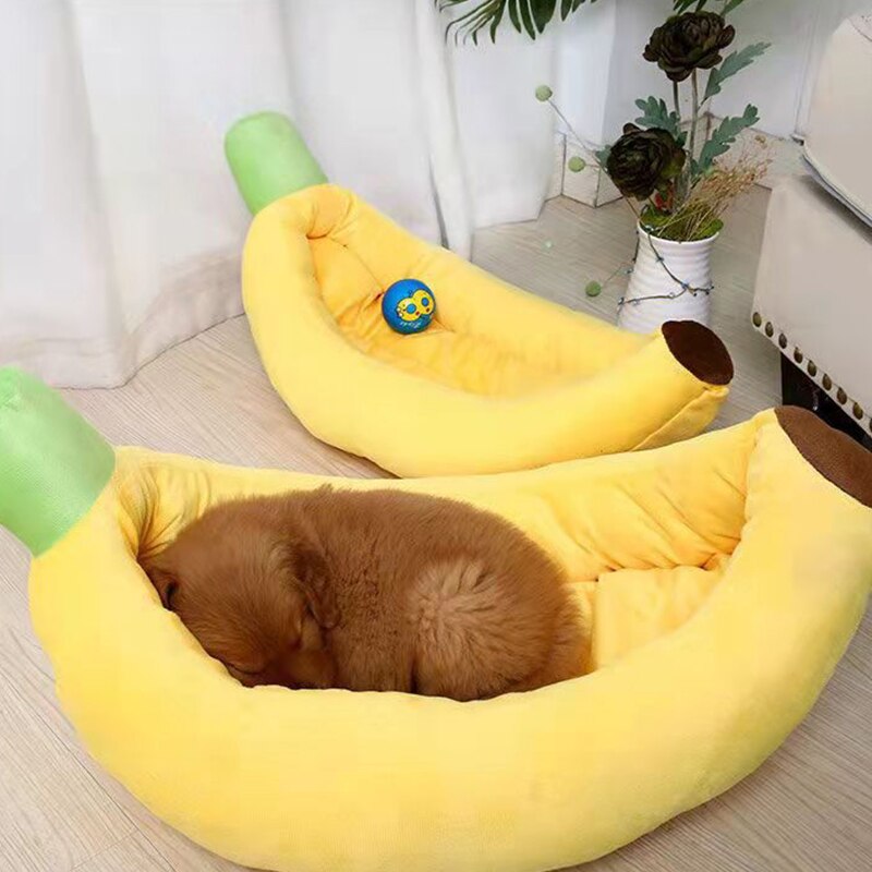 Cama con forma de plátano para mascotas, cojín suave de felpa, cálido y duradero, cesta portátil para mascotas, perrera, accesorios para gatos