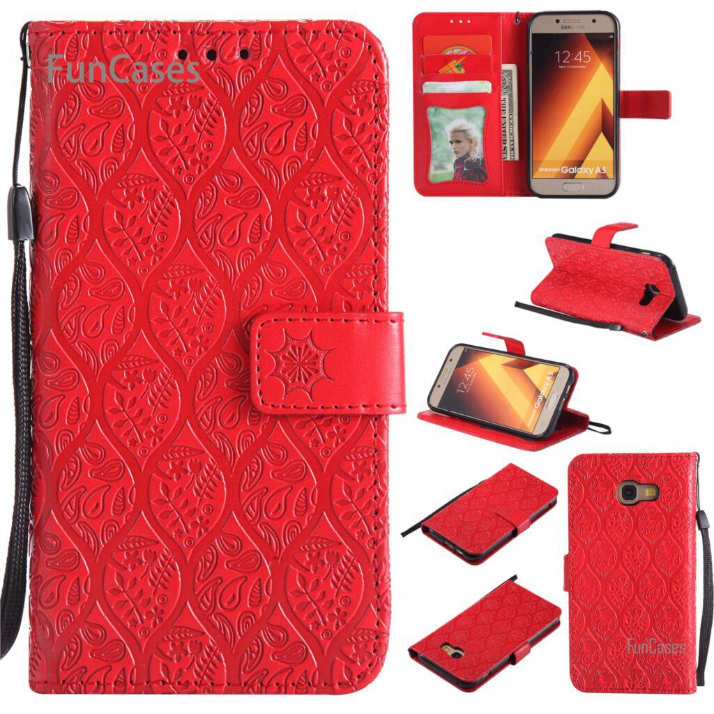 Funda con tapa en relieve de vid para Ajax Samsung A5 funda de teléfono de cuero de poliuretano Vintage funda de diamantes de imitación para Samsung Galaxy A520 Tok: Red