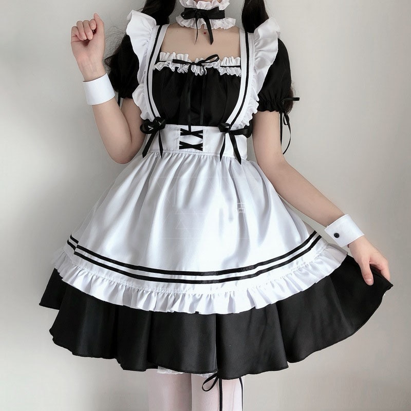 Lolita mekko japanilainen mustavalkoinen piika -asu naisten päivittäinen loli maid esiliina makea ja söpö coslpay