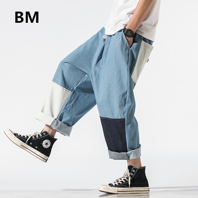 Japanese Streetwear Plus Size Patchwork Jeans Hip Hop Oversized Straight Cargo Pants Harajuku Denim Pants Men Clothing