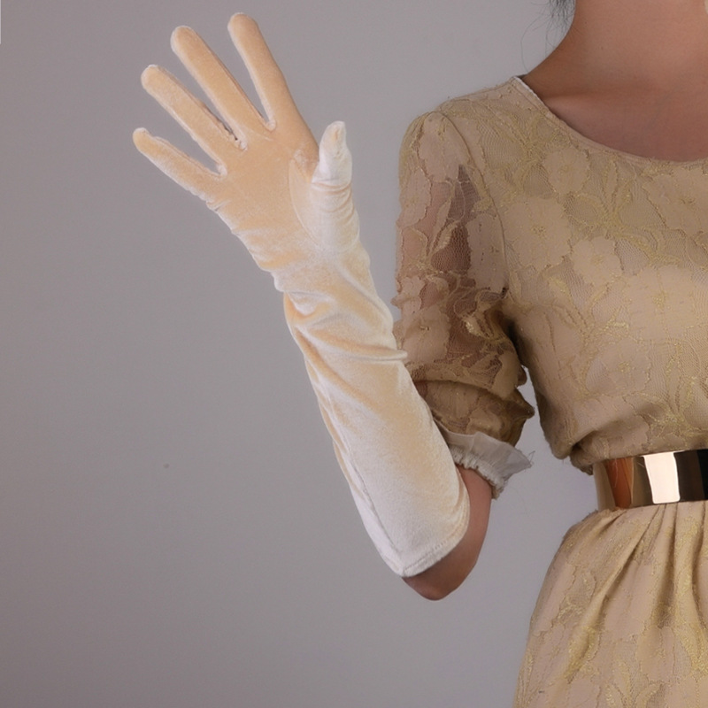 Primavera autunno donna guanti lunghi in velluto rosa viola 40cm abiti da sera da sera per feste guanti guanti da sposa in velluto caldo nero: Beige