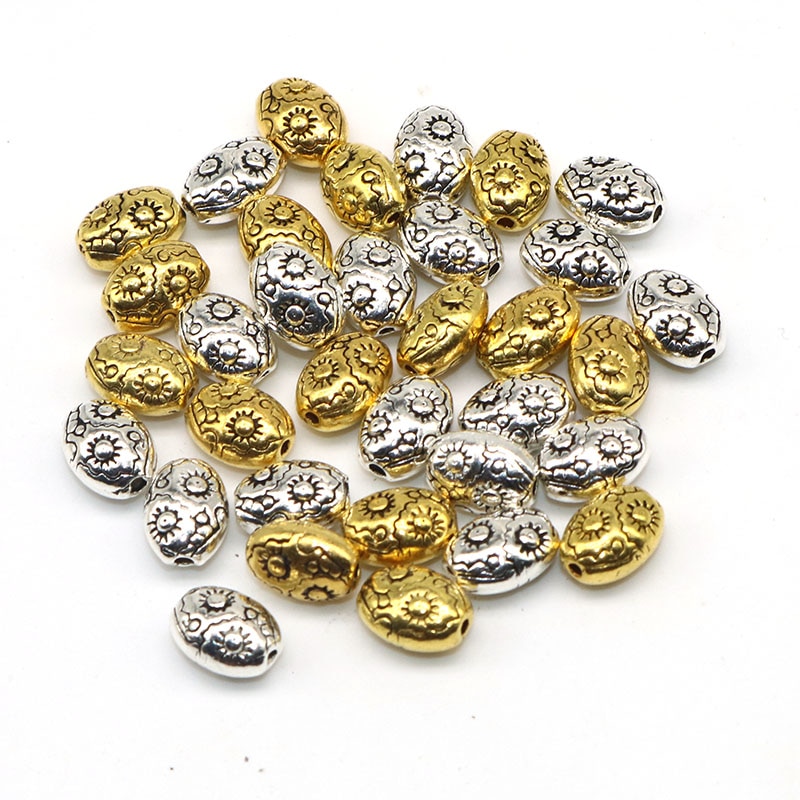 10mm 50pcs/lot Metal Zinc Alloy Beads Pattern Antique Sliver Plated Oval Shape Loose Bead Spacer Beads for DIY Jewelry Making