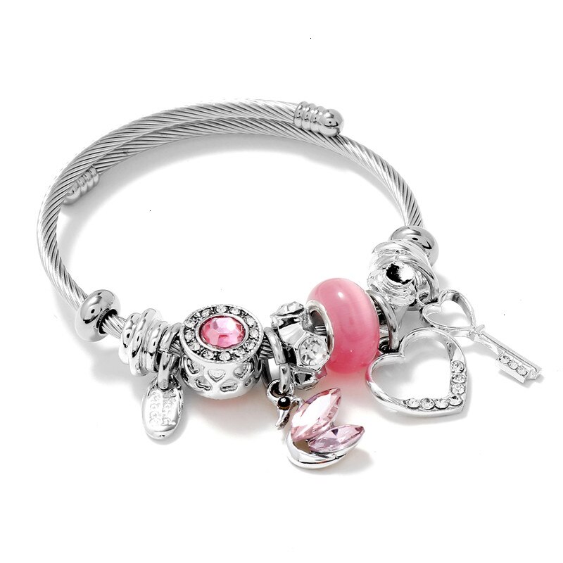 Crystal Swan Stainless Steel Bangles For Women Jewelry DIY Rhinestone Hollow Key Heart Love Cuff Bracelet Bangle: Pink